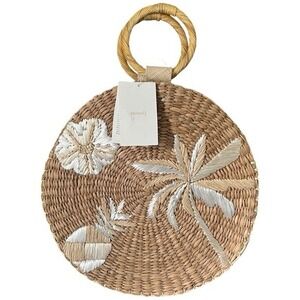 ARANAZ Round Straw Tote Bag Woven Palm Tree Floral Embroidery Top Handle